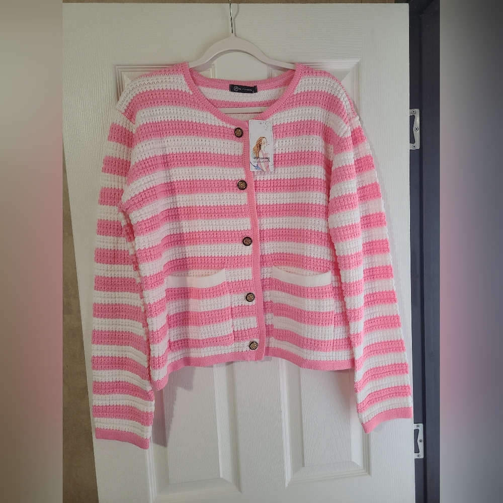 Pink and White Striped Women's Sweater - Picture 2 of 4